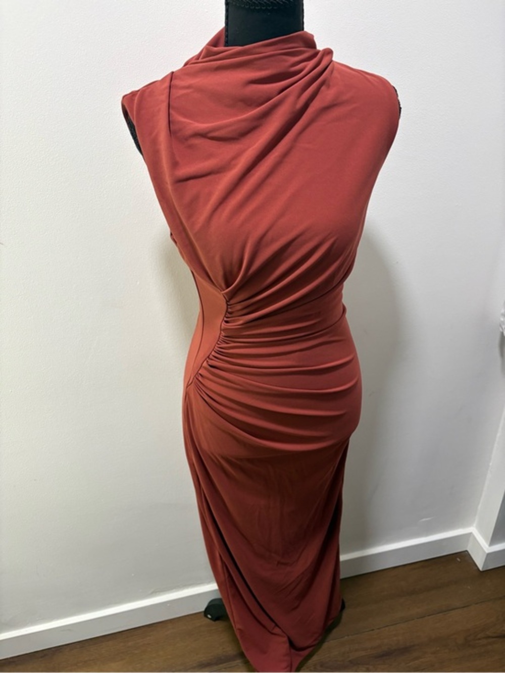 Zara Maxi Dress Small Ruched Bodycon Mock Neck Sleeveless Brown Dress - Picture 3 of 8